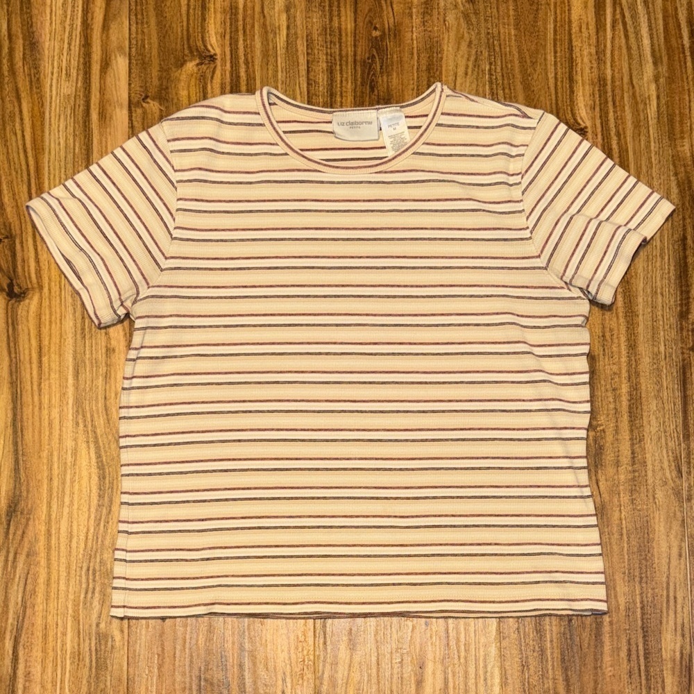 Liz Claiborne women’s MP PM medium petite shirt Beige Striped Short Sleeve Tee